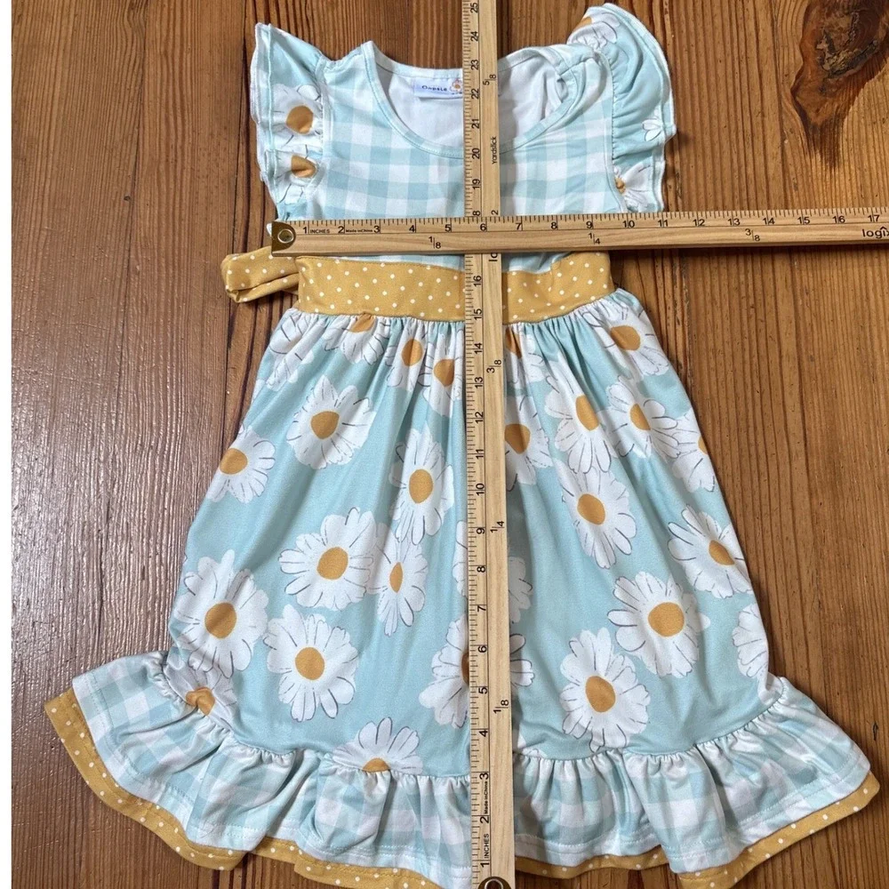 Oopsie Daisy Dress Kids Blue Gingham Floral Ruffle Sash SIZE 5/6